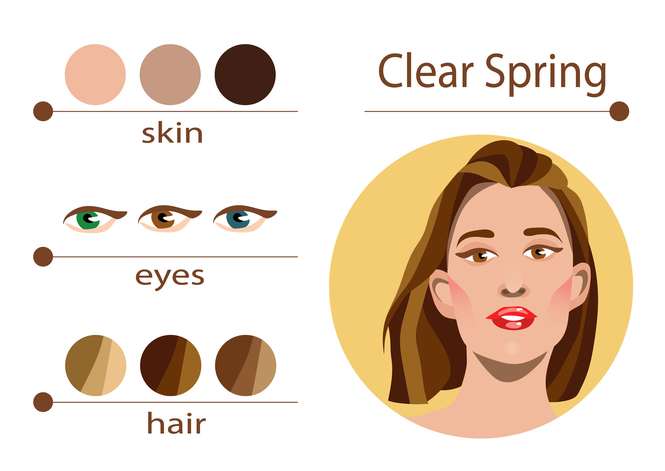 Illustration d'une palette de couleurs pour la typologie 'Printemps Clair' avec des teintes de peau, des yeux et des cheveux variées, et une suggestion de couleurs vives et claires adaptées.
