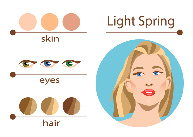Palette pour le type 'Printemps Léger', affichant des couleurs douces et lumineuses idéales pour les tons de peau, yeux et cheveux clairs.