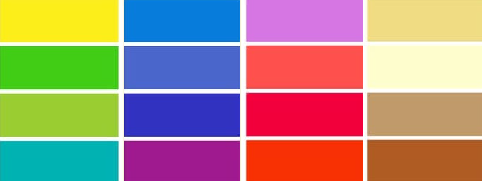 Palette de couleurs vives et variées, allant du jaune lumineux au violet profond, inspirant créativité et diversité.