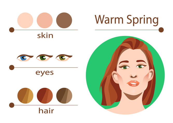 Illustration de la palette de couleurs pour le type 'Printemps Chaud' avec des nuances adaptées pour la peau, les yeux et les cheveux.