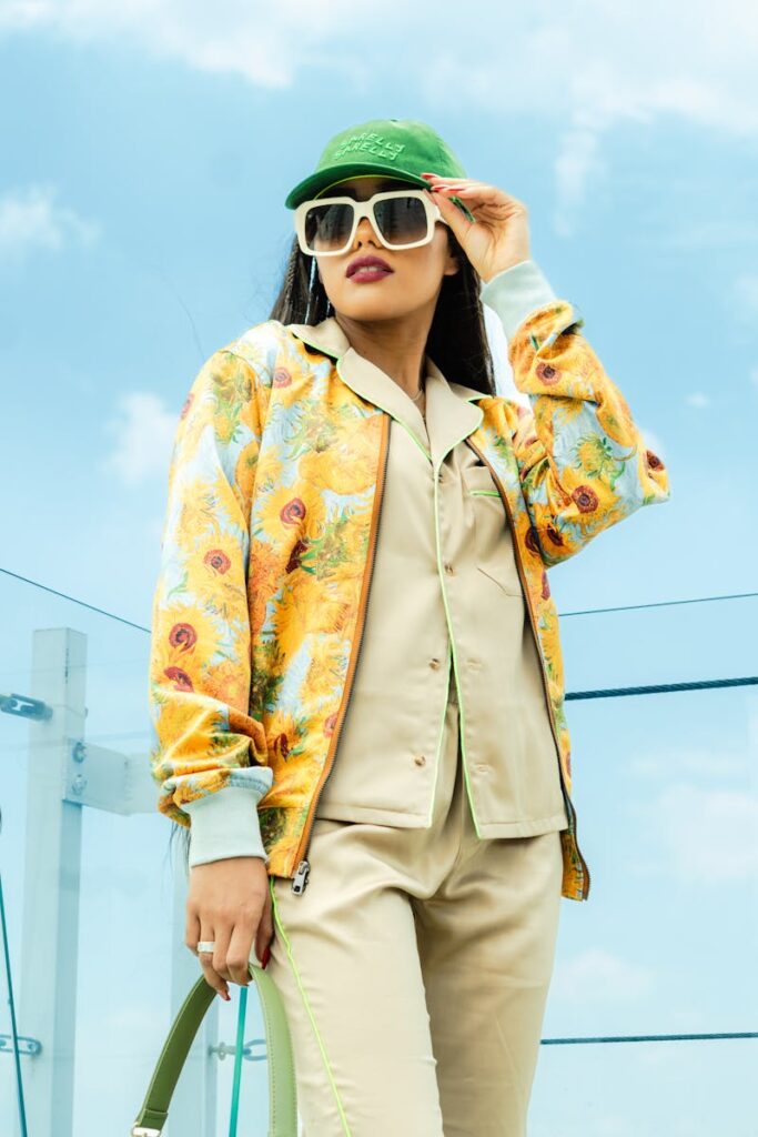 Woman in colorful jacket and green cap posing outdoors with blue sky backdrop.